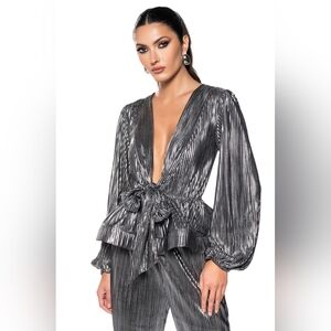 AKIRA Noel Tie Front Pewter Silver Metallic Pleated Peplum Blouse